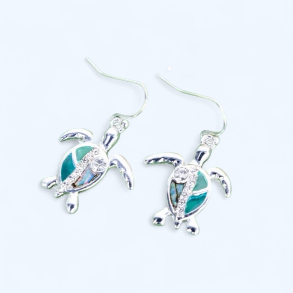 Silvertone Turtle Earrings with Blue and Green Accents